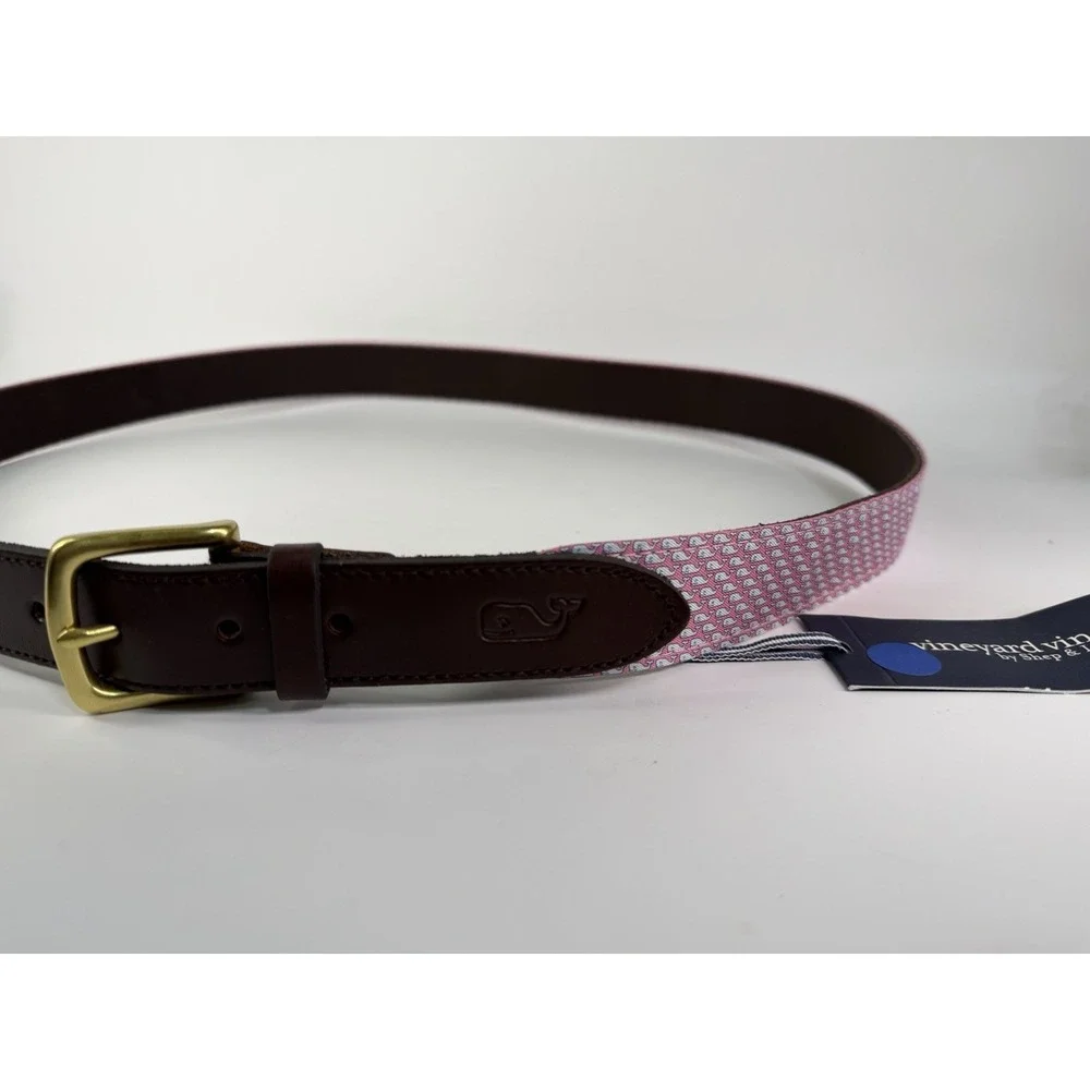 Vineyard Vines Belt Mens 48 Leather Canvas Navy Blue Whale Pink Golf Beach New